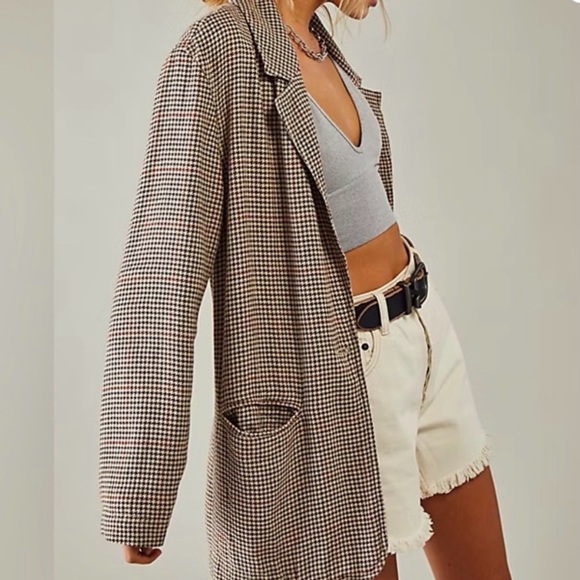 Free People Houndstooth linen Blazer in Brown and Cream $168 - Picture 4 of 10